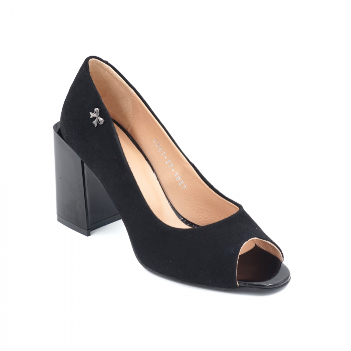 Pantofi dama decupati din piele naturala intoarsa neagra cu varf rotund si toc mediu gros 8 cm 1039-24 [2]