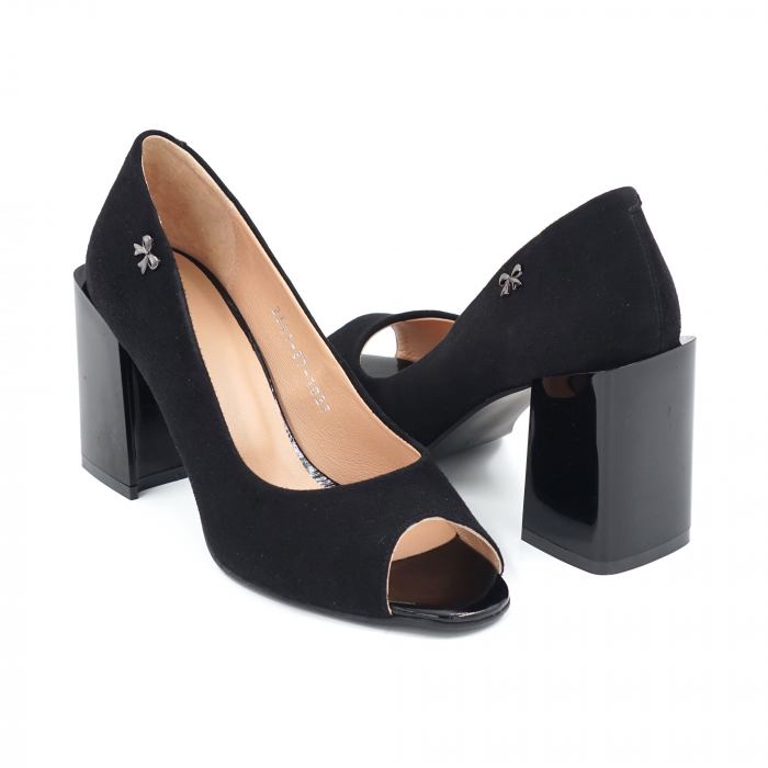 Pantofi dama decupati din piele naturala intoarsa neagra cu varf rotund si toc mediu gros 8 cm 1039-24 [4]