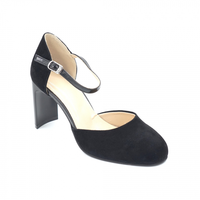 Sandale dama din piele naturala intoarsa neagra cu varf rotund si toc mediu subtire plat 8 cm 1042-3-24 [2]