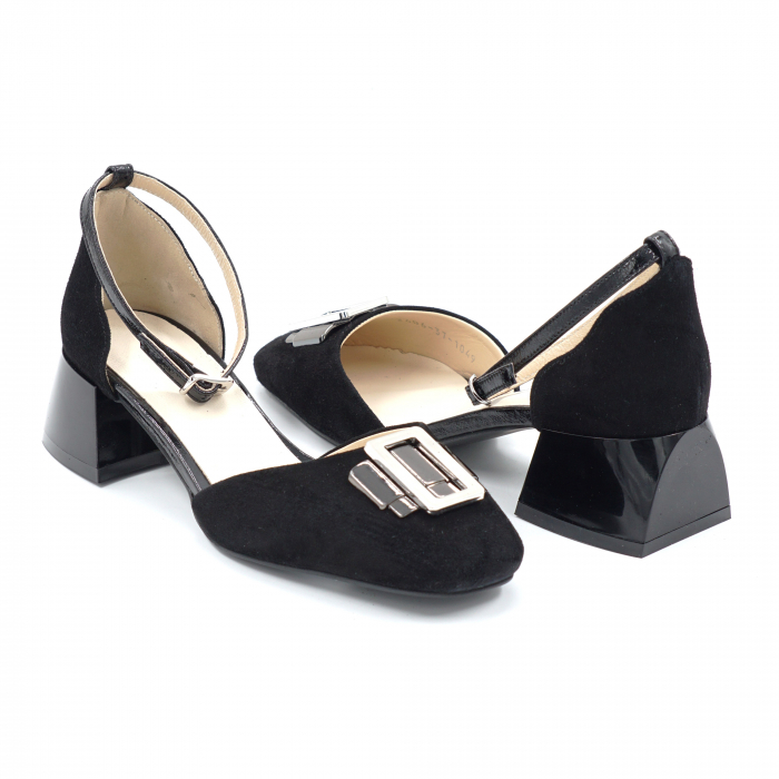 Sandale dama din piele naturala intoarsa neagra cu varf patrat si toc mic gros 4 cm 1049-24 [1]