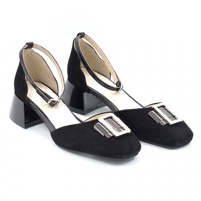 Sandale dama din piele naturala intoarsa neagra cu varf patrat si toc mic gros 4 cm 1049-24 [2]