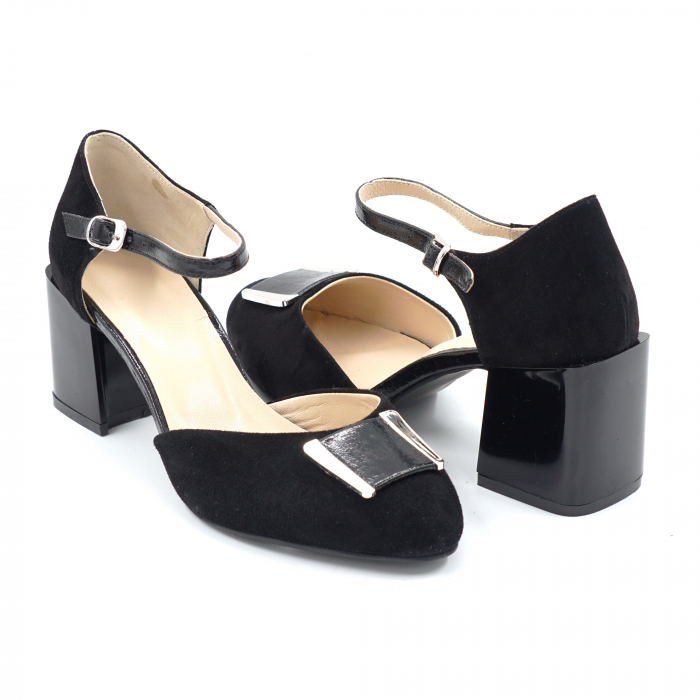Sandale dama din piele naturala intoarsa neagra cu varf rotund si toc mic gros 6 cm 1050-24 [1]