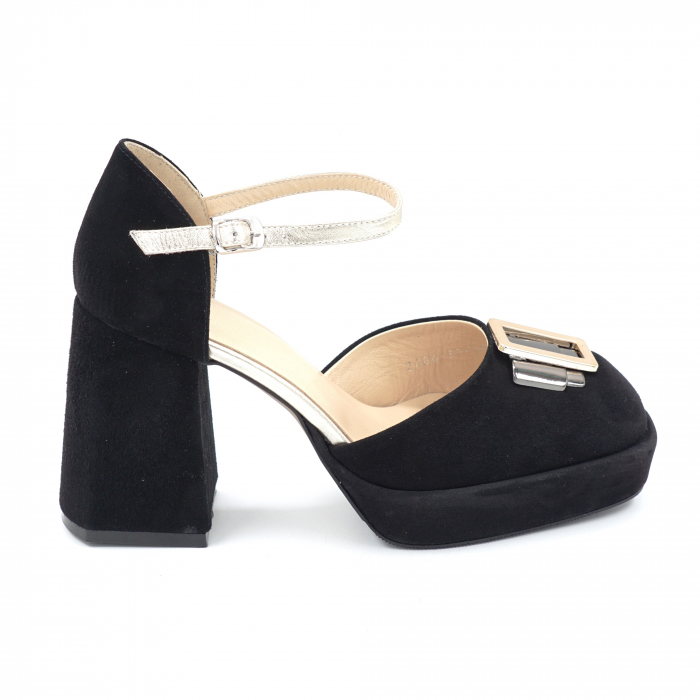 Sandale dama din piele naturala intoarsa neagra si aurie cu varf patrat, platforma 2 cm si toc inalt gros imbracat 9 cm 1081-24 [3]