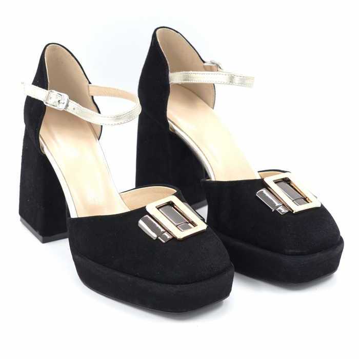 Sandale dama din piele naturala intoarsa neagra si aurie cu varf patrat, platforma 2 cm si toc inalt gros imbracat 9 cm 1081-24 [2]