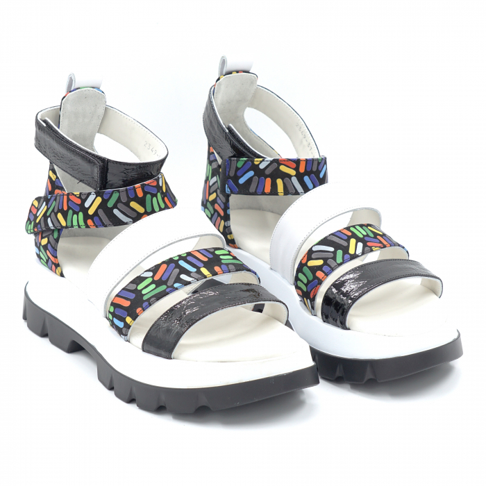 Sandale dama din piele naturala lacuita neagra, alba si cu imprimeu multicolor tip ROMANE cu varf rotund si talpa inalta 5 cm 3521-1-24 [2]