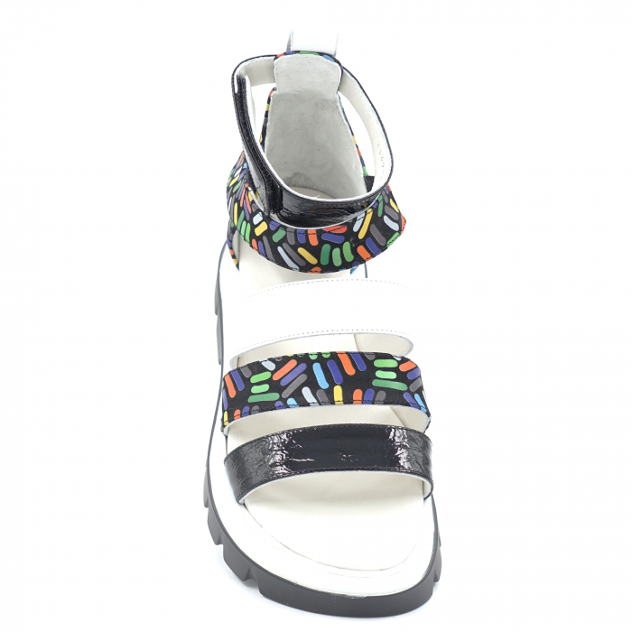 Sandale dama din piele naturala lacuita neagra, alba si cu imprimeu multicolor tip ROMANE cu varf rotund si talpa inalta 5 cm 3521-1-24 [5]