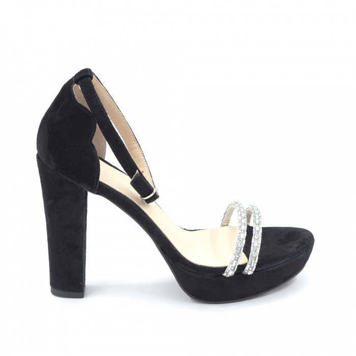 Sandale dama din piele naturala intoarsa neagra cu strasuri argintii, cu varf rotund, platforma 2 cm si toc inalt gros 11 cm 8816-1-24 [1]