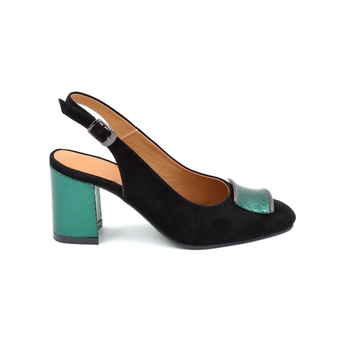 Sandale dama din piele naturala intoarsa neagra si verde menta cu imprimeu sarpe cu varf ascutit si toc mediu gros imbracat 7 cm 0824-25 [4]