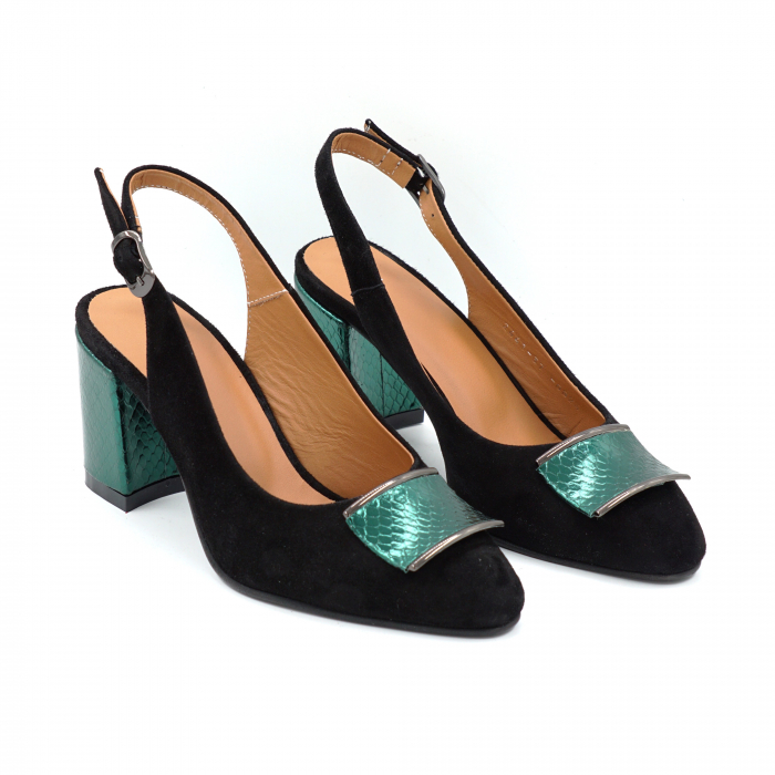 Sandale dama din piele naturala intoarsa neagra si verde menta cu imprimeu sarpe cu varf ascutit si toc mediu gros imbracat 7 cm 0824-25 [2]