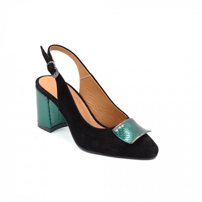 Sandale dama din piele naturala intoarsa neagra si verde menta cu imprimeu sarpe cu varf ascutit si toc mediu gros imbracat 7 cm 0824-25 [5]