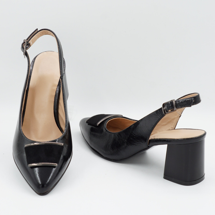Sandale dama din piele naturala lacuita neagra, cu varf ascutit stiletto si toc mic gros de 6 cm 0924-2-26 [5]