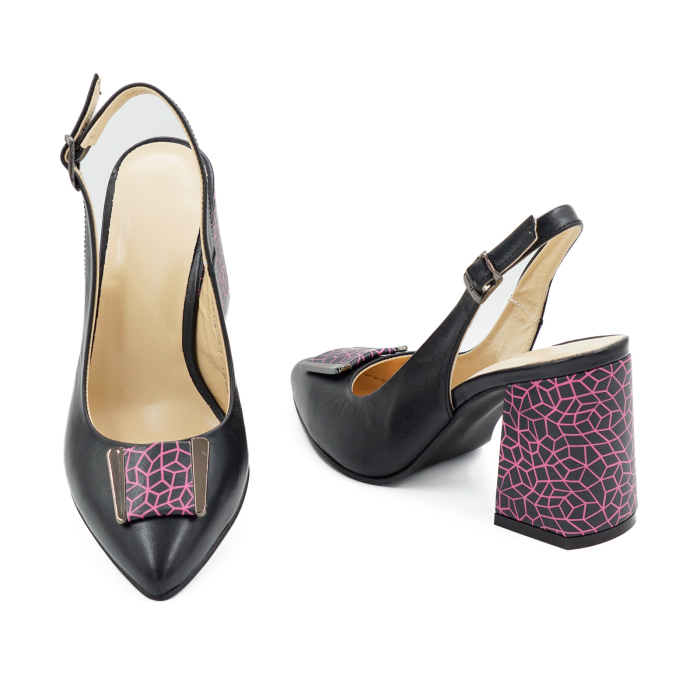 Sandale dama din piele naturala neagra si cu imprimeu fucsia, cu varf ascutit stiletto si toc mediu gros imbracat 8 cm 1044-26 [3]
