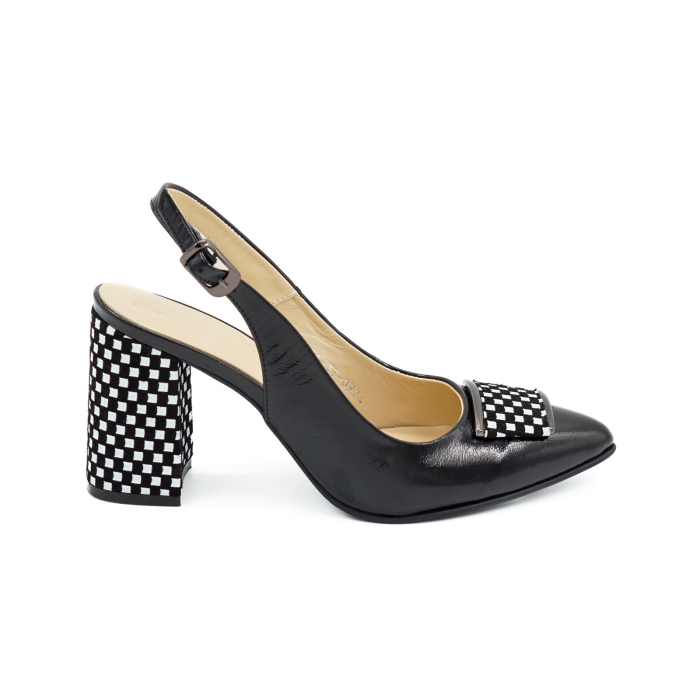 Sandale dama din piele naturala lacuita neagra si cu patrate albe, cu varf ascutit stiletto si toc mediu gros imbracat de 8 cm 0924-26 [4]