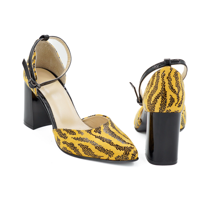 Sandale dama din piele naturala galben mustar cu imprimeu negru, cu varf ascutit stiletto si toc mediu gros 8 cm 1035-26 [5]