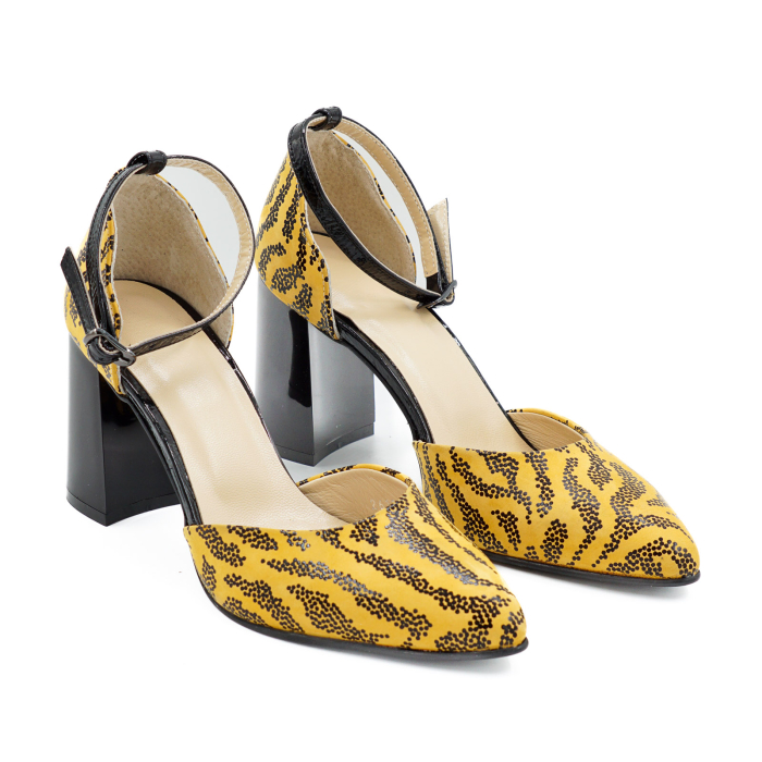Sandale dama din piele naturala galben mustar cu imprimeu negru, cu varf ascutit stiletto si toc mediu gros 8 cm 1035-26 [3]