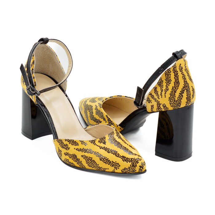 Sandale dama din piele naturala galben mustar cu imprimeu negru, cu varf ascutit stiletto si toc mediu gros 8 cm 1035-26 [4]