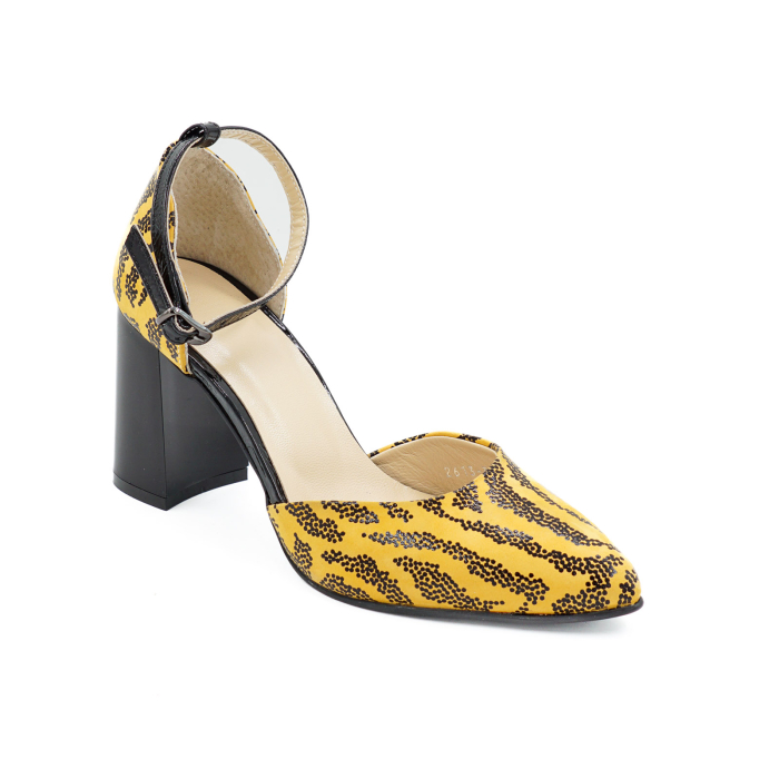 Sandale dama din piele naturala galben mustar cu imprimeu negru, cu varf ascutit stiletto si toc mediu gros 8 cm 1035-26 [2]
