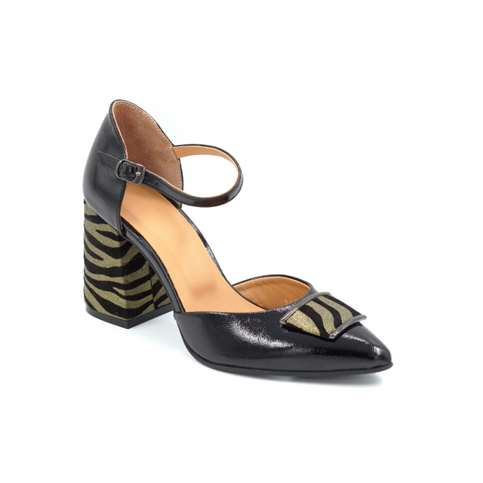 Sandale dama din piele naturala lacuita neagra si cu imprimeu zebra aurie cu varf ascutit stileto si toc mediu gros imbracat de 8 cm 1067-25 [6]
