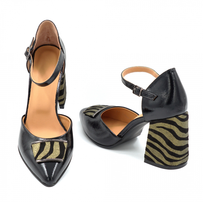 Sandale dama din piele naturala lacuita neagra si cu imprimeu zebra aurie cu varf ascutit stileto si toc mediu gros imbracat de 8 cm 1067-25 [4]