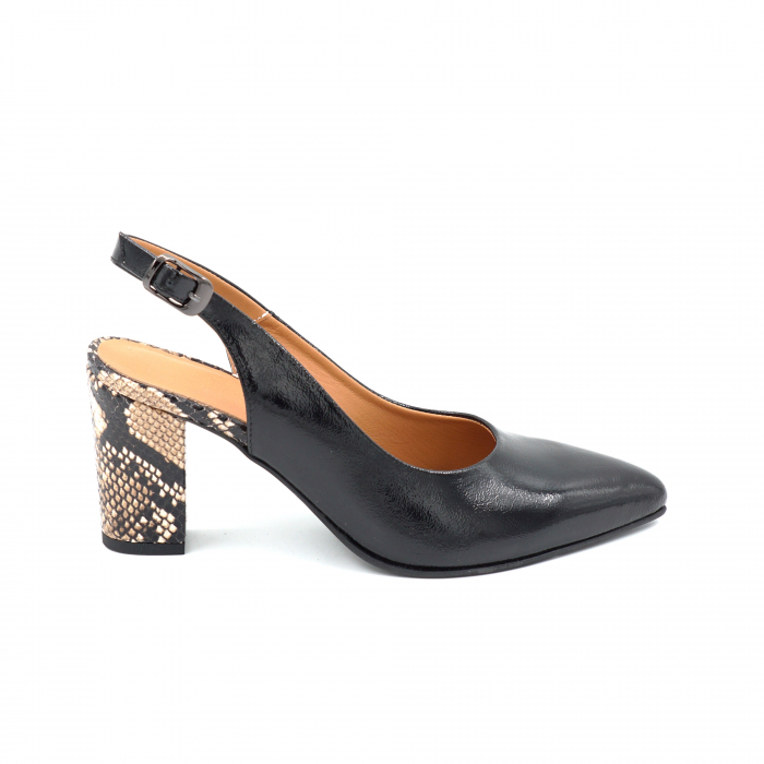 Sandale dama din piele naturala lacuita neagra si cu imprimeu sarpe negruc u bej, cu varf ascutit stiletto si toc mediu gros imbracat 7 cm 0124-3-25 [1]
