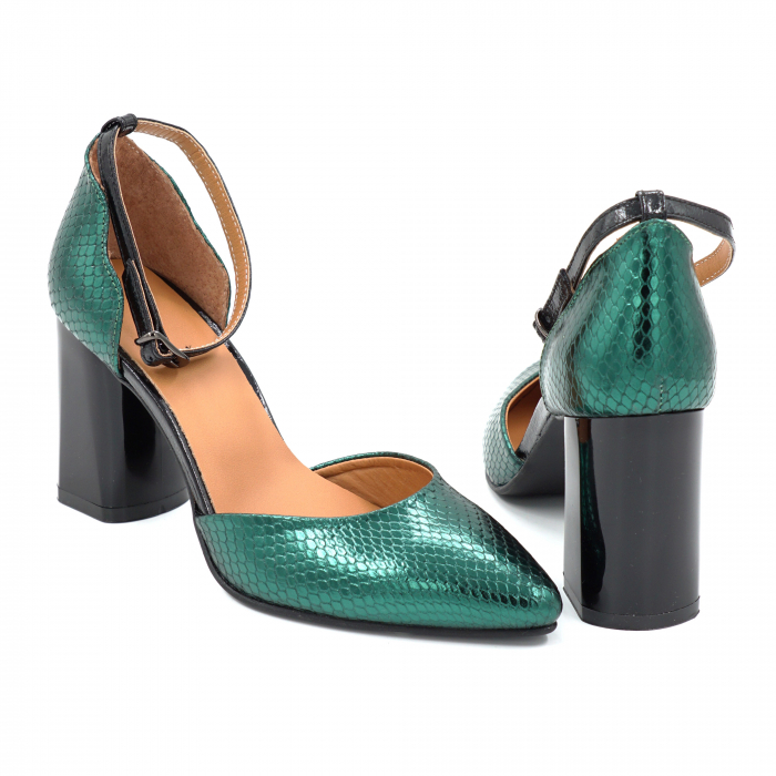 Sandale dama din piele naturala cu imprimeu sarpe verde metalizat, cu varf ascutit stiletto si toc mediu gros 8 cm 1035-25 [2]