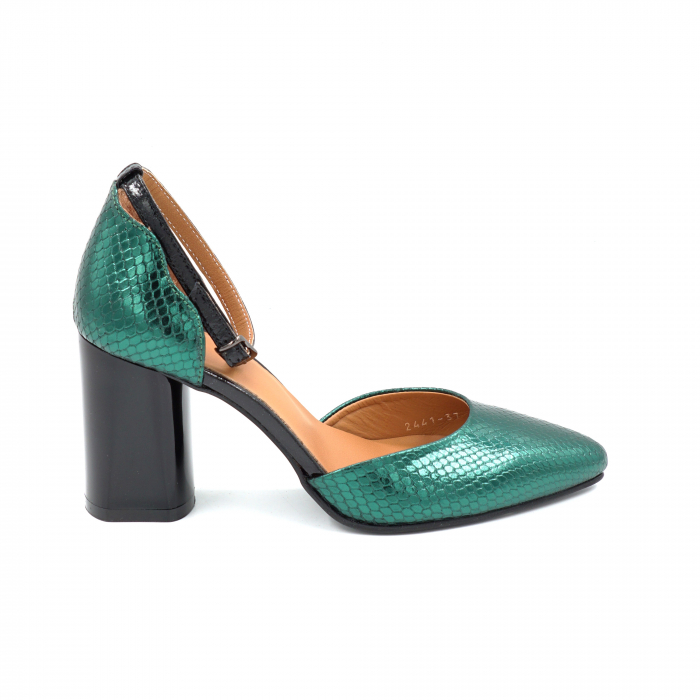Sandale dama din piele naturala cu imprimeu sarpe verde metalizat, cu varf ascutit stiletto si toc mediu gros 8 cm 1035-25 [4]