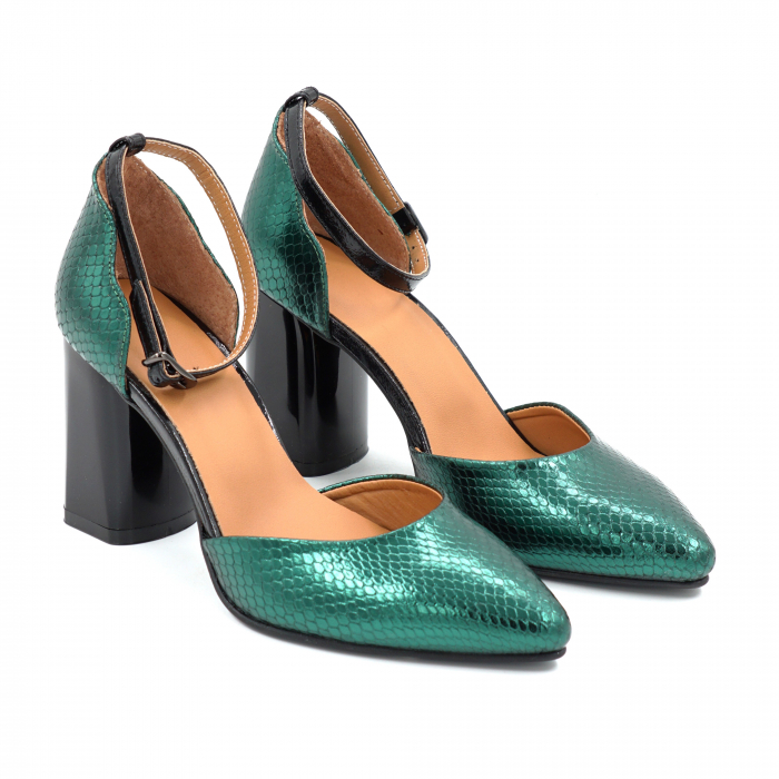 Sandale dama din piele naturala cu imprimeu sarpe verde metalizat, cu varf ascutit stiletto si toc mediu gros 8 cm 1035-25 [3]