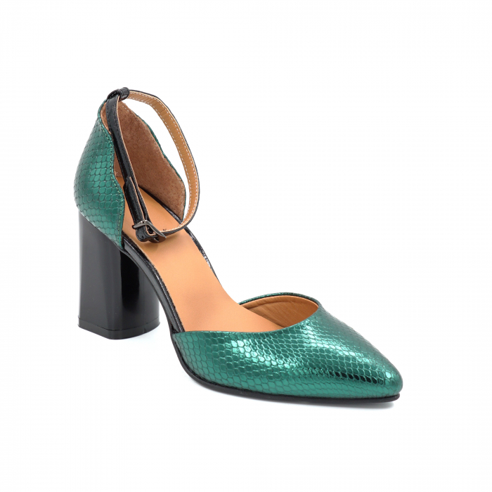Sandale dama din piele naturala cu imprimeu sarpe verde metalizat, cu varf ascutit stiletto si toc mediu gros 8 cm 1035-25 [5]