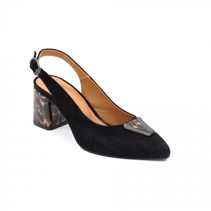 Sandale dama din piele naturala intoarsa neagra si cu imprimeu animal print cu varf ascutit stiletto si toc mic gros imbracat de 6 cm 0724-25 [5]