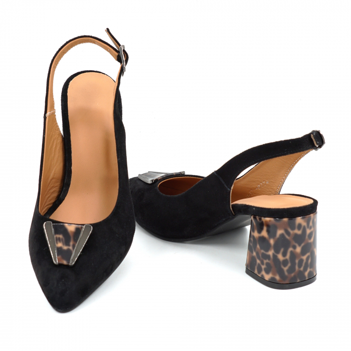 Sandale dama din piele naturala intoarsa neagra si cu imprimeu animal print cu varf ascutit stiletto si toc mic gros imbracat de 6 cm 0724-25 [3]