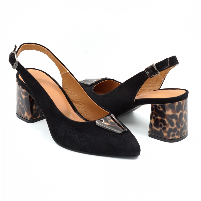 Sandale dama din piele naturala intoarsa neagra si cu imprimeu animal print cu varf ascutit stiletto si toc mic gros imbracat de 6 cm 0724-25 [1]