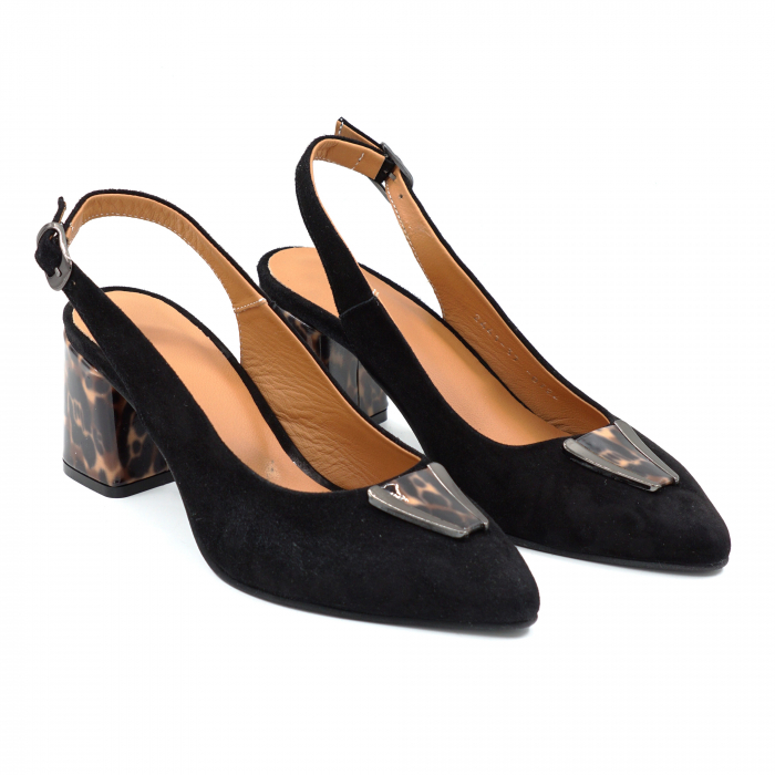 Sandale dama din piele naturala intoarsa neagra si cu imprimeu animal print cu varf ascutit stiletto si toc mic gros imbracat de 6 cm 0724-25 [2]