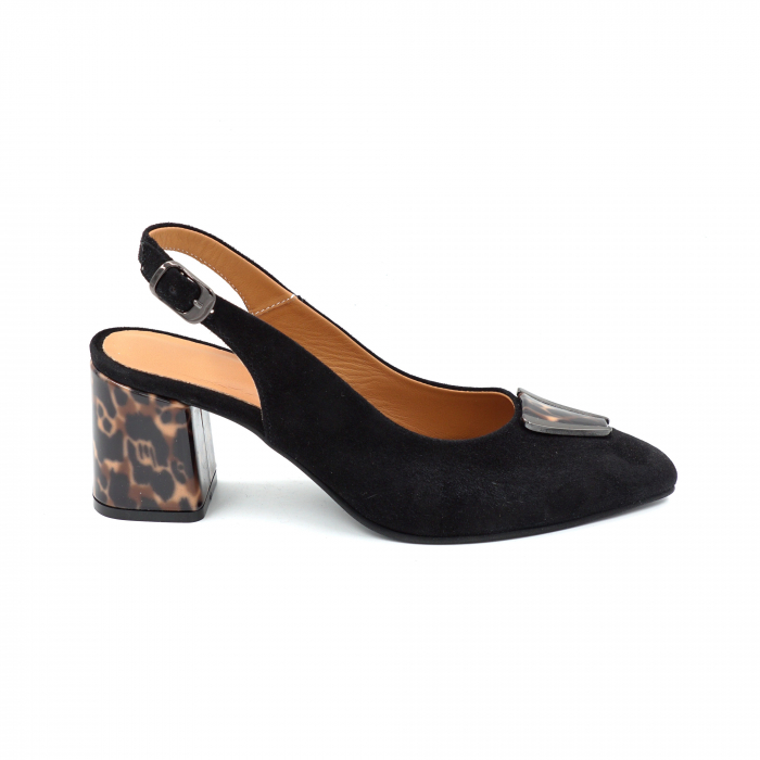 Sandale dama din piele naturala intoarsa neagra si cu imprimeu animal print cu varf ascutit stiletto si toc mic gros imbracat de 6 cm 0724-25 [4]