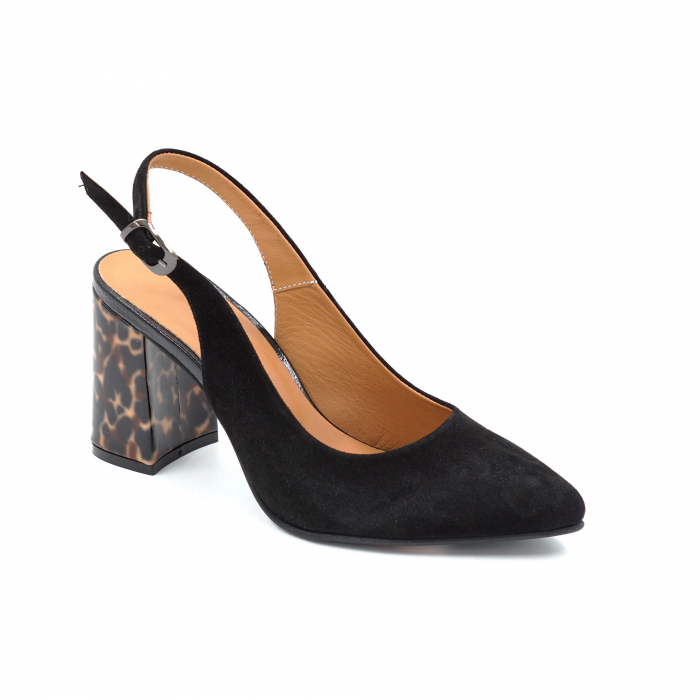 Sandale dama din piele naturala intoarsa neagra si cu imprimeu animal print, cu varf ascutit stiletto si toc mediu gros imbracat de 8 cm 0124-2-25 [2]