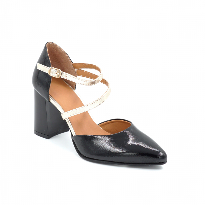 Sandale dama din piele naturala lacuita neagra si aurie cu varf ascutit stiletto si toc mediu gros de 8 cm 1037-1-25 [2]