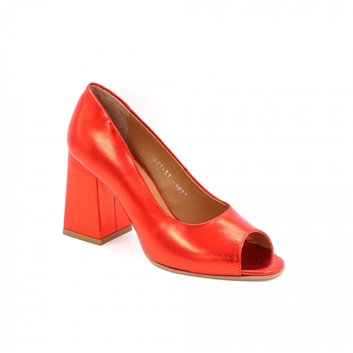 Pantofi dama decupati din piele naturala rosu metalizat cu varf patrat si toc mediu gros imbracat 8 cm 1027-1-25 [2]