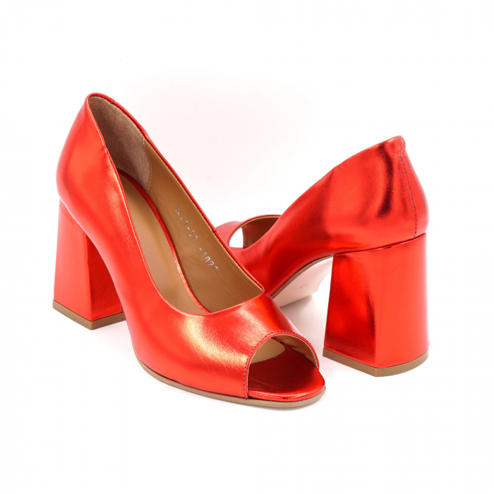 Pantofi dama decupati din piele naturala rosu metalizat cu varf patrat si toc mediu gros imbracat 8 cm 1027-1-25 [4]