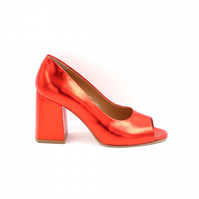 Pantofi dama decupati din piele naturala rosu metalizat cu varf patrat si toc mediu gros imbracat 8 cm 1027-1-25 [1]