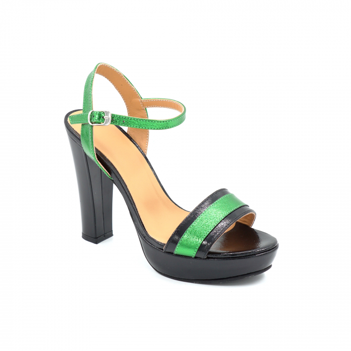 Sandale dama din piele naturala lacuita neagra si verde metalizat cu varf rotund, platforma de 2 cm si toc inalt gros de 11 cm 8316-25 [2]