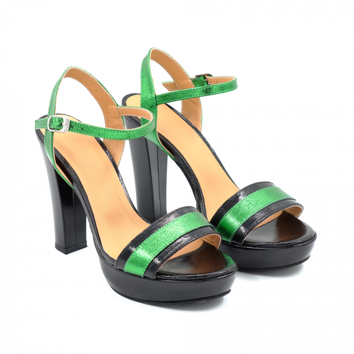 Sandale dama din piele naturala lacuita neagra si verde metalizat cu varf rotund, platforma de 2 cm si toc inalt gros de 11 cm 8316-25 [3]