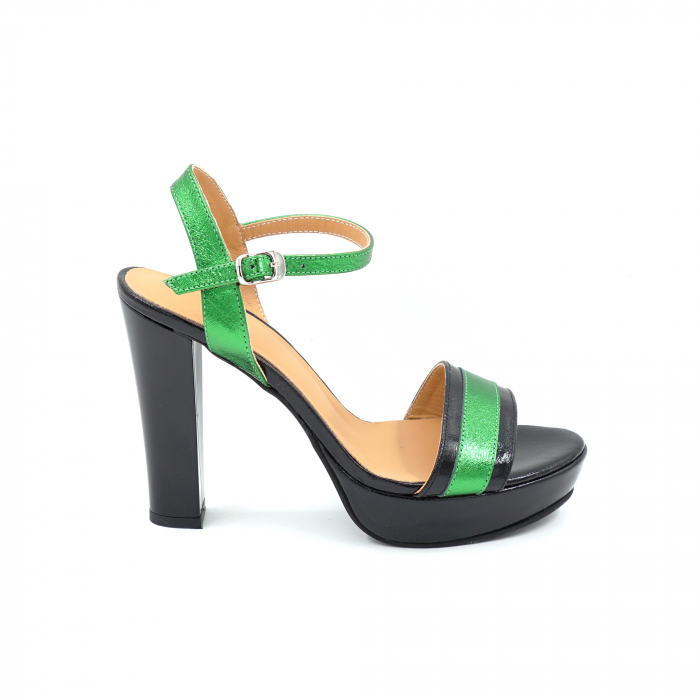 Sandale dama din piele naturala lacuita neagra si verde metalizat cu varf rotund, platforma de 2 cm si toc inalt gros de 11 cm 8316-25 [1]