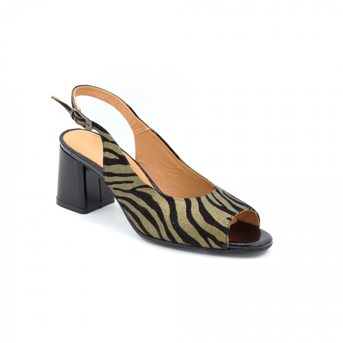 Sandale dama din piele naturala neagra cu imprimeu zebra aurie cu varf rotund si toc mic gros 6 cm 1026-25 [2]