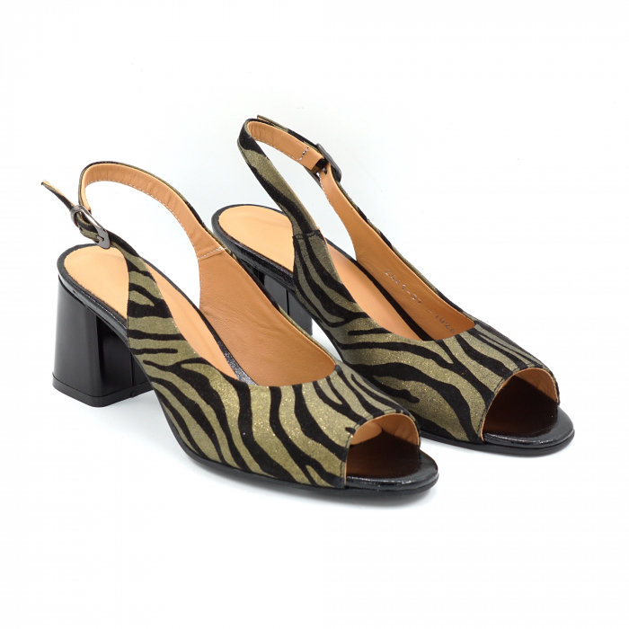 Sandale dama din piele naturala neagra cu imprimeu zebra aurie cu varf rotund si toc mic gros 6 cm 1026-25 [3]