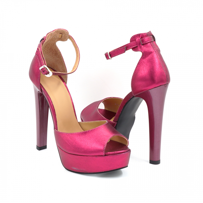 Sandale dama din piele naturala fucsia metalizata cu varf rotund, platforma de 3 cm si toc inalt gros de 13 cm 5616-1-25 [4]