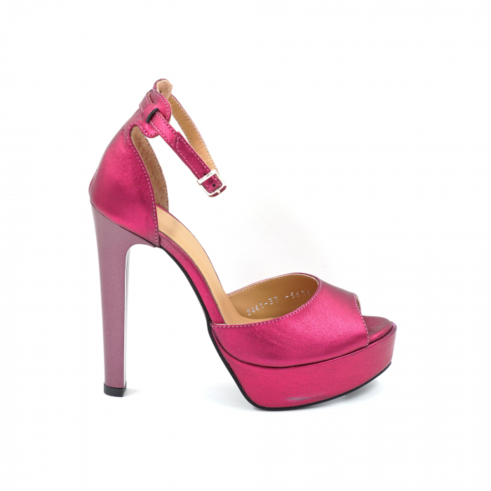 Sandale dama din piele naturala fucsia metalizata cu varf rotund, platforma de 3 cm si toc inalt gros de 13 cm 5616-1-25 [1]