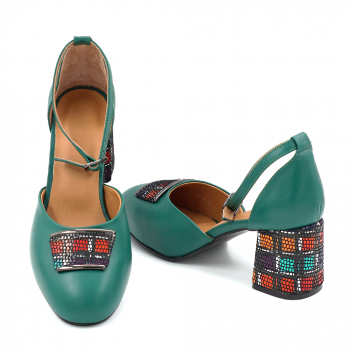 Sandale dama din piele naturala verde menta si cu imprimeu multicolor cu varf semirotund si toc mic gros imbracat  de 6 cm 1087-25 [4]