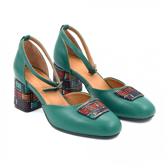 Sandale dama din piele naturala verde menta si cu imprimeu multicolor cu varf semirotund si toc mic gros imbracat  de 6 cm 1087-25 [2]