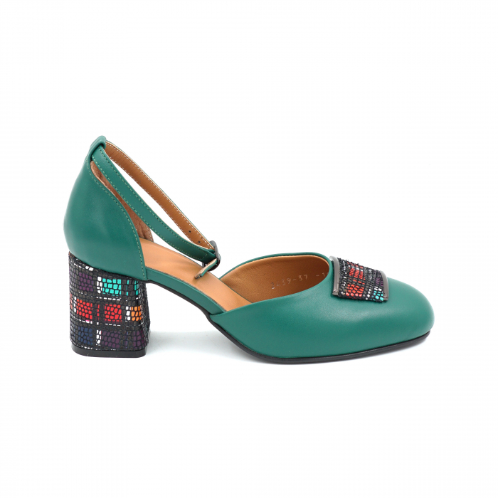 Sandale dama din piele naturala verde menta si cu imprimeu multicolor cu varf semirotund si toc mic gros imbracat  de 6 cm 1087-25 [5]