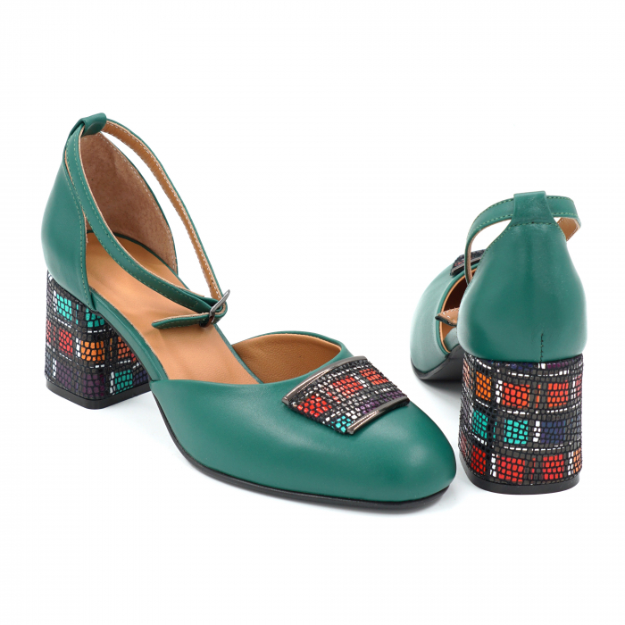 Sandale dama din piele naturala verde menta si cu imprimeu multicolor cu varf semirotund si toc mic gros imbracat  de 6 cm 1087-25 [3]