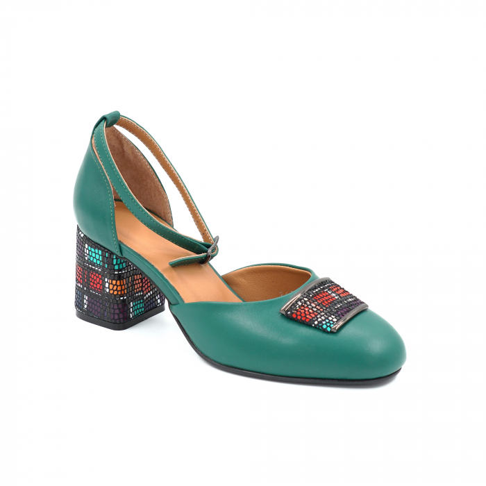 Sandale dama din piele naturala verde menta si cu imprimeu multicolor cu varf semirotund si toc mic gros imbracat  de 6 cm 1087-25 [6]